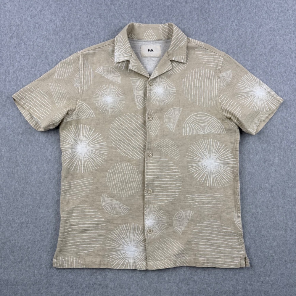 Folk Clothing Shirt Mens Small Beige Geometric Knit Button Up Short Sleeve
